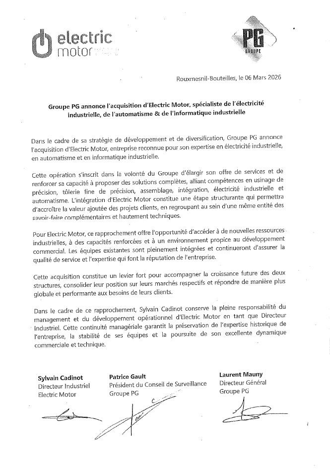 Les sociétés Usinage Dieppois, Gault Industrie et ADSI sont fières d’annoncer l’acquisition de la société ELECTRIC MOTOR.